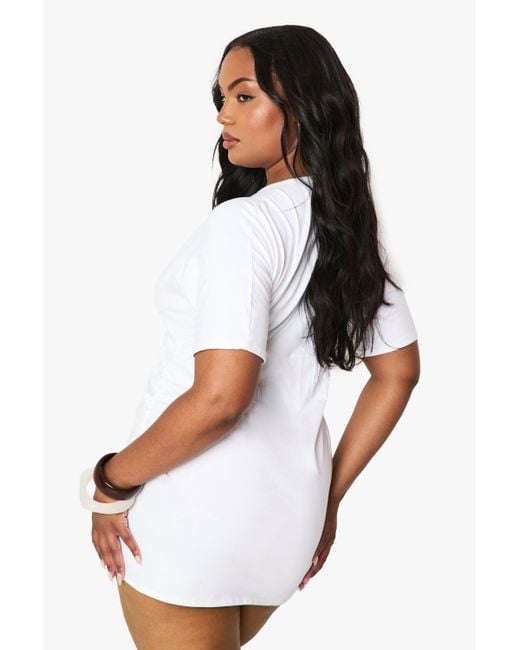 Vestido Camiseta Plus De Algodón Fruncido Boohoo de color White