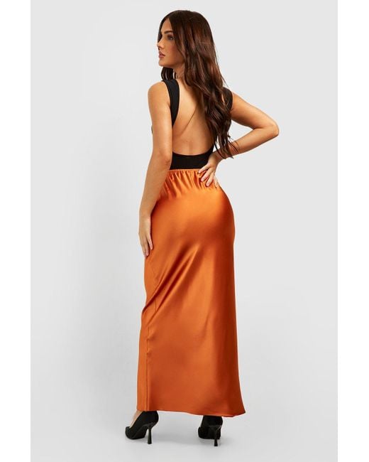 Boohoo Orange Satin Bias Maxi Slip Skirt