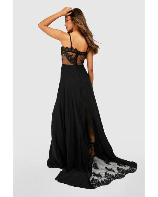 Boohoo Contrast Lace Corset Maxi Dress in Black | Lyst