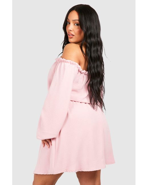 Boohoo Pink Plus Textured Satin Bardot Frill Detail Mini Dress