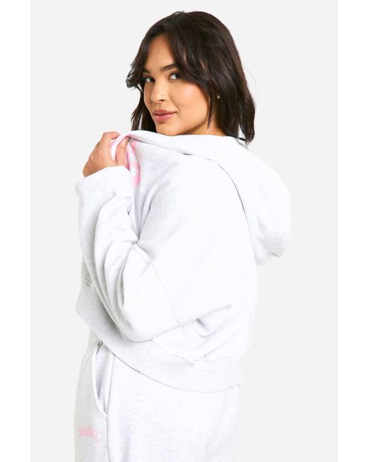 Boohoo White Plus Studio Slogan Boxy Crop Zip Through Hoodie