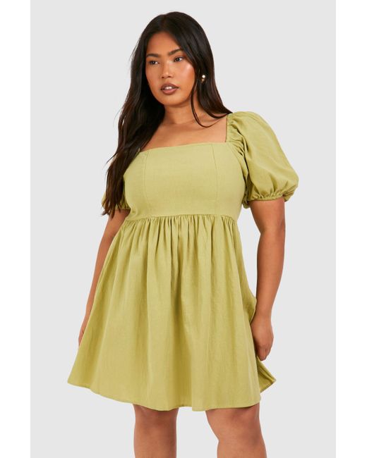 Boohoo Green Plus Linen Puff Sleeve Mini Smock Dress