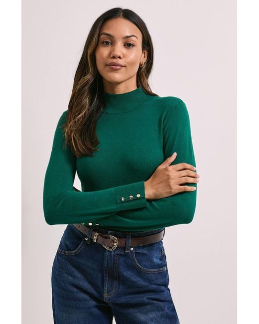 Dorothy Perkins Green Forest Funnel Neck Button Cuff Longline Sweater