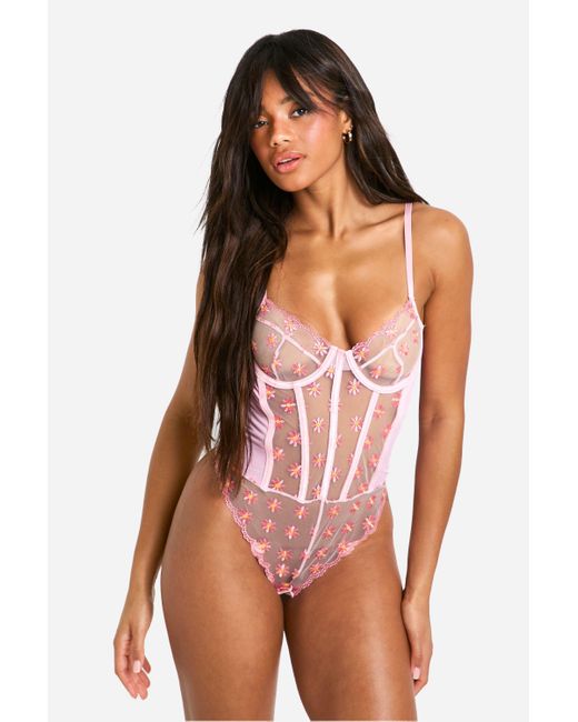 Boohoo Pink Daisy Embroidered One Piece