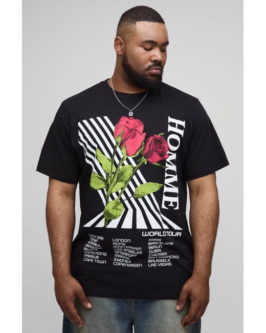 Camiseta Plus Regular Con Estampado De Flores En Relieve Boohoo de color Black