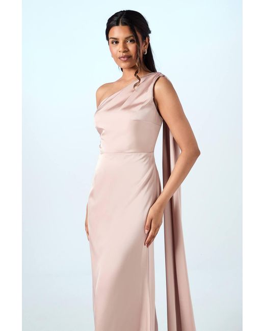 Coast Pink Honoured Petite Drape One Shoulder Satin Maxi Bridesmaid Dress