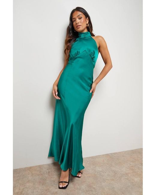 Oasis Blue Petite Satin Halterneck Bias Midi Dress