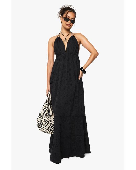 Boohoo Women's Black Broderie Anglaise Halter Neck Maxi Dress -  www.rajagirimanappuram.com