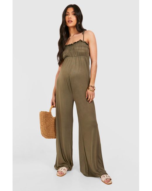 Boohoo Green Maternity Shirred Strappy Jumpsuit