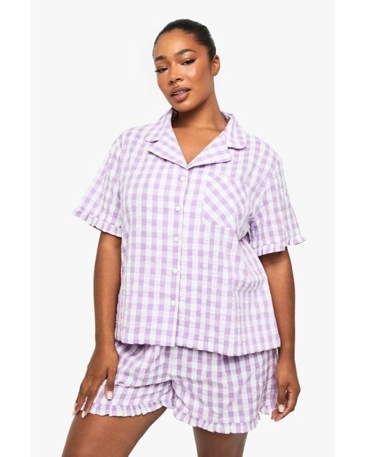 Boohoo White Plus Seersucker Gingham Ruffle Shirt And Trouser Pyjama Set