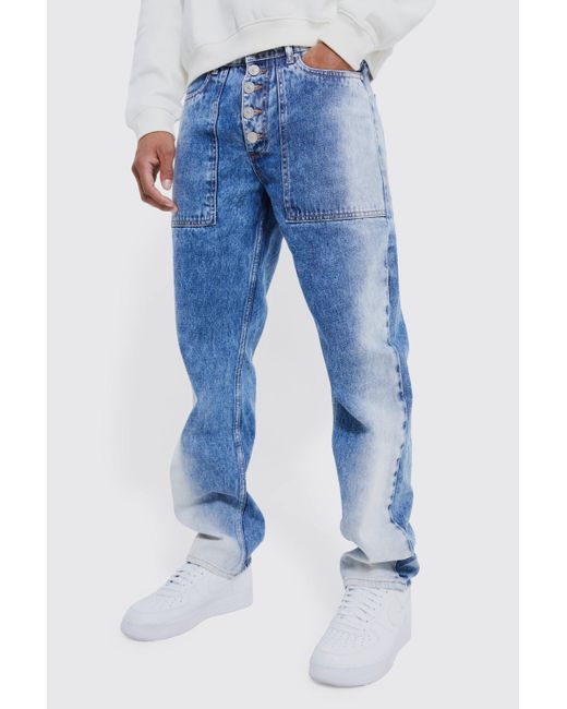 BoohooMAN Blue Relaxed Rigid Acid Wash Jeans for men