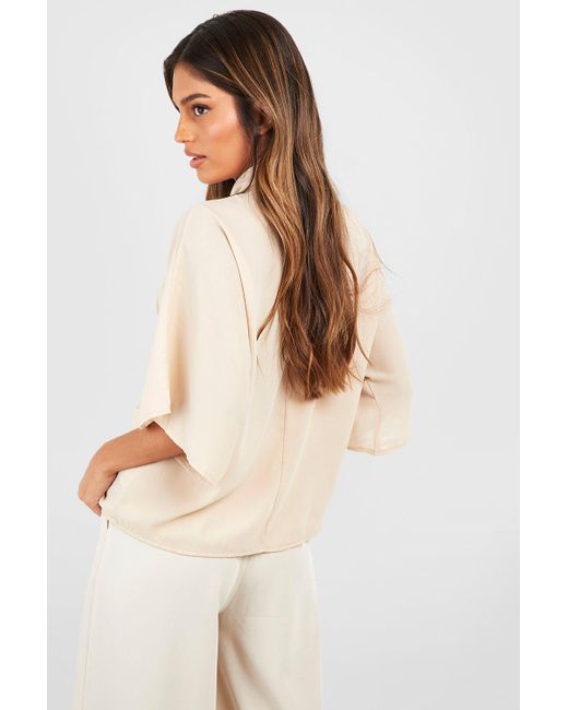 Boohoo Natural Woven Tie Neck Floaty Flared Sleeve Blouse