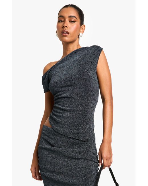 Boohoo Blue Metallic Knit One Shoulder Asym Top