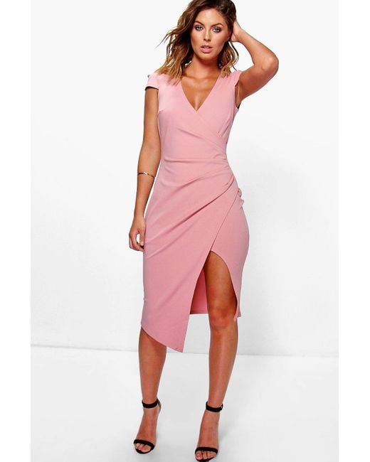 Boohoo Cap Sleeve Wrap Midi Dress in Pink | Lyst