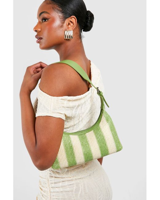 Boohoo Green Stripe Raffia Shoulder Bag
