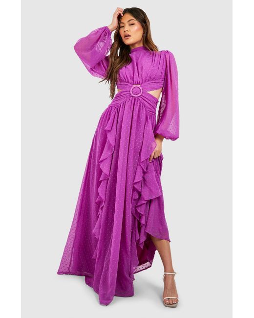 Boohoo Purple Dobby High Neck Ruffle Maxi Dress