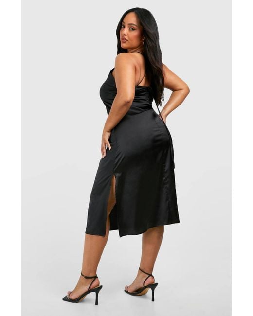 Boohoo Black Plus Satin V Neck Split Midi Dress