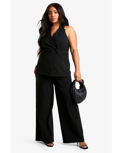 Boohoo Black Plus Super Stretch Wrap Long Line Waistcoat & Wide Leg Trouser