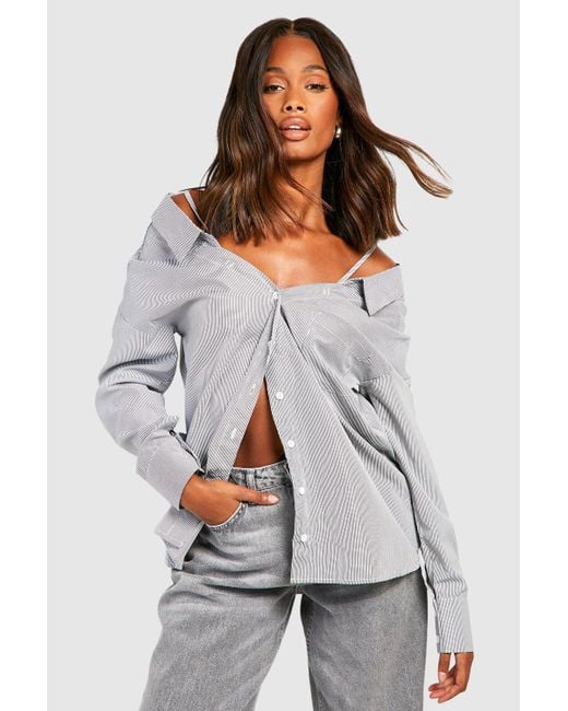 Boohoo Gray Off The Shoulder Oversized Shirt