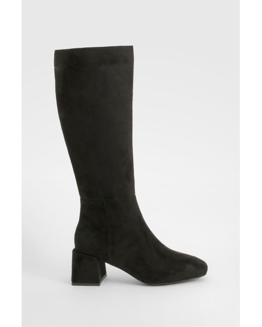 Boohoo Black Faux Suede Block Heeled Knee High Boot