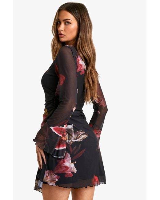 Boohoo Black Floral Printed Mesh A Line Mini Dress