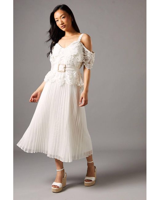 Coast Gray Lace Top Pleated Skirt Midi Dress With Belt