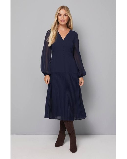 Wallis Blue Petite Chiffon Button Detail Midi Dress
