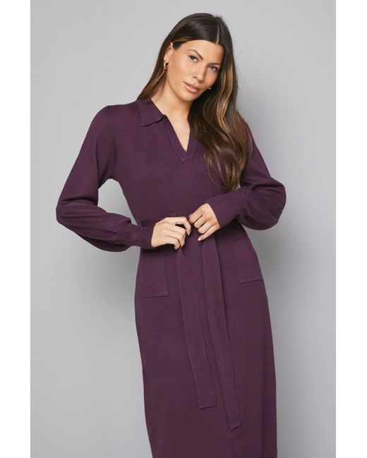 Wallis Purple Collared Belted Midi Dress