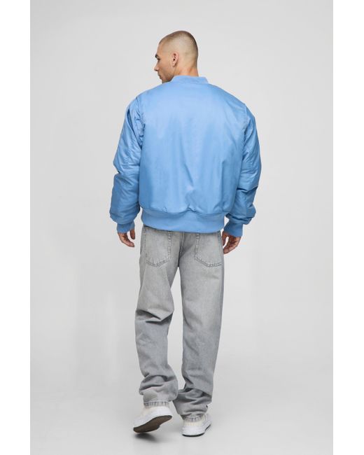 BoohooMAN Blue Oversized Boxy Curved Hem Nylon Bomber Jacket for men