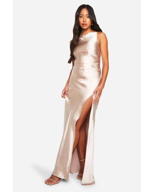 Boohoo White Bridesmaid Satin Slash Neck Maxi Dress