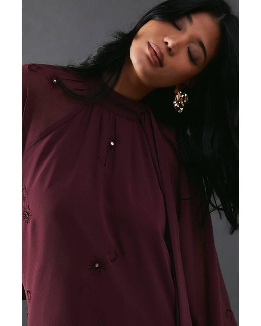 Warehouse Brown Premium Chiffon Tie Neck Moon Embellished Sequin Mini Smock Dress