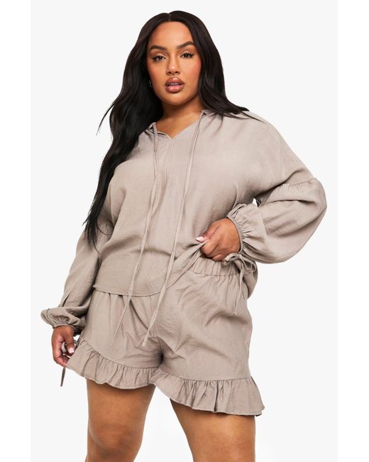 Boohoo Natural Plus Linen Look Tie Front Blouse