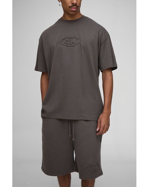 BoohooMAN Gray Oversized Peached Bm Star Embossed T-Shirt & Drop Crotch Shorts Set for men