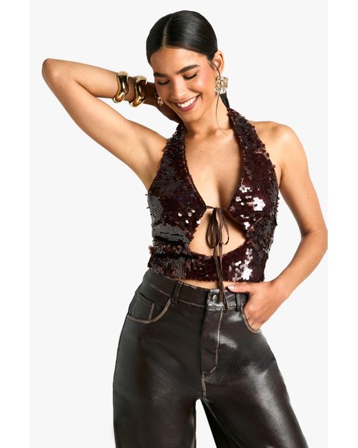 Boohoo Black Sequin Halterneck Tie Front Crop Top