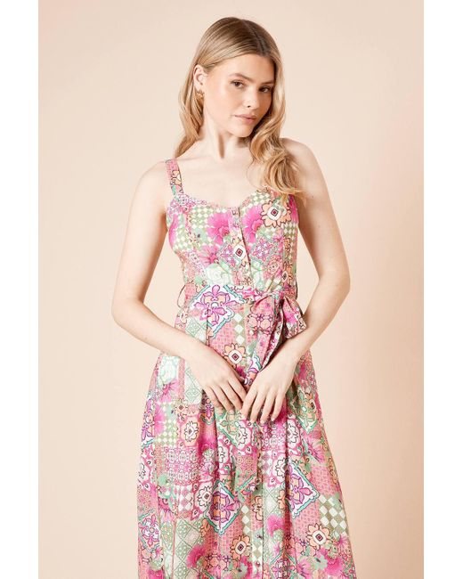 Dorothy Perkins Pink Tile Printed Button Up Belted Linen Midi Dress
