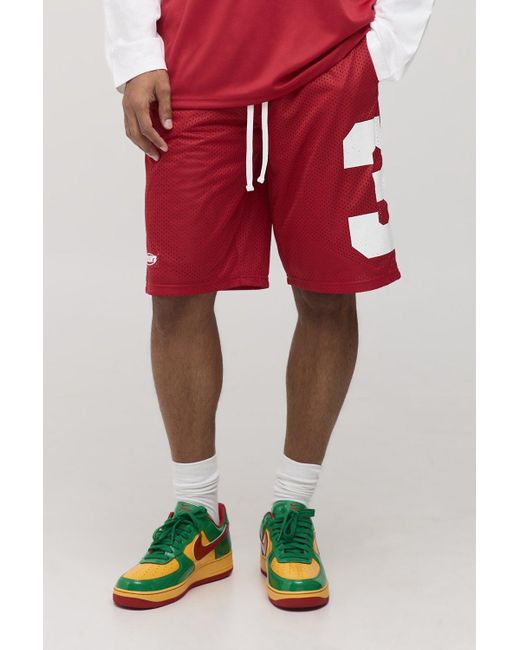 Boohoo Red Oversized Varsity Mesh Mid Length Shorts