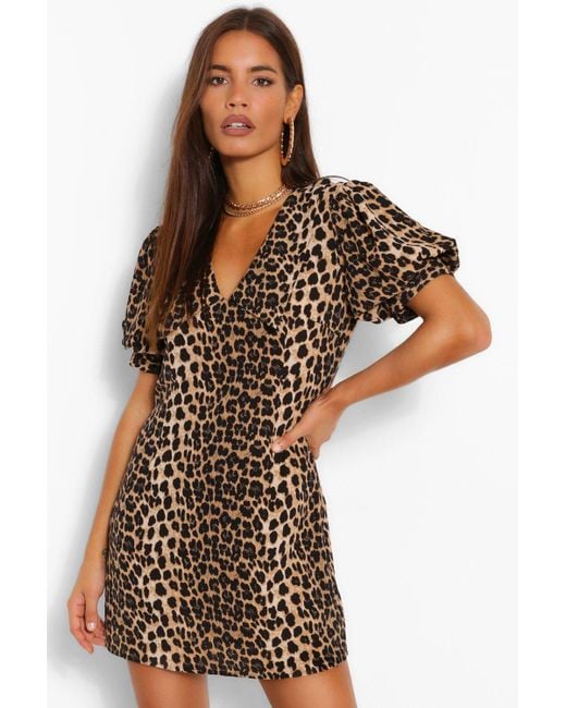 Boohoo Leopard Print Plunge Puff Sleeve Shift Dress in Brown (Orange) - Lyst