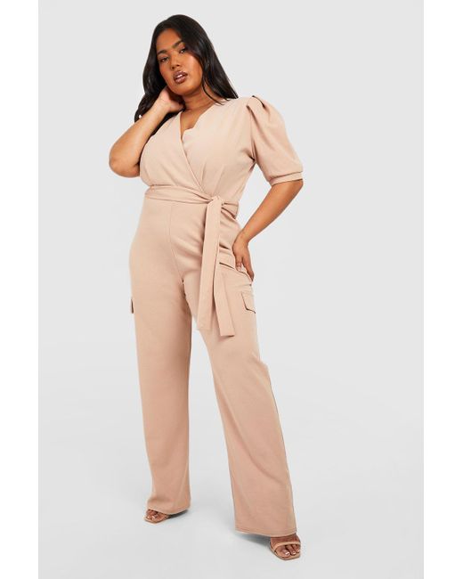 Boohoo Plus Puff Sleeve Cargo Detail Wide Leg Jumpsuit in Natural | Lyst