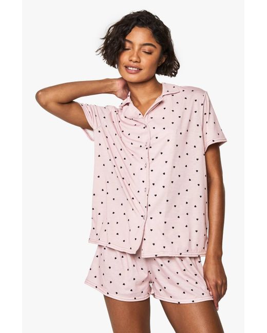 Boohoo Pink Tall Heart Print Short Sleeve Shirt & Shorts Pyjama Set