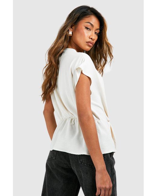 Boohoo White Hammered Knot Front Cowl Neck Blouse