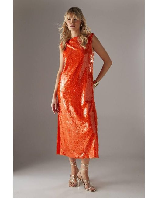 Warehouse Orange Sequin Shoulder Pad Sleeveless Column Midi Dress