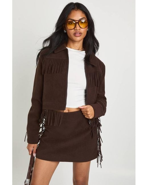 Boohoo Brown Tassel Wool Look Mini Skirt
