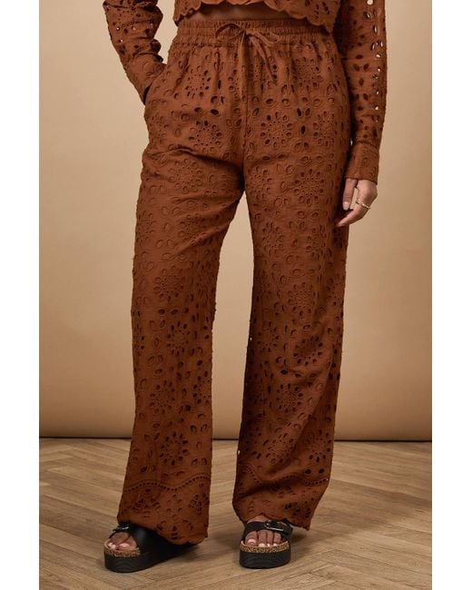 Oasis Brown Broderie Drawstring Waist Trouser