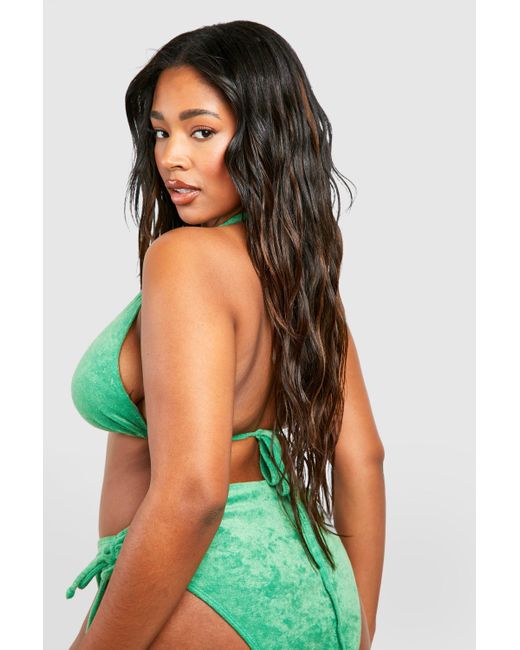 Boohoo Green Plus Toweling Ribbed Halter Bikini Top