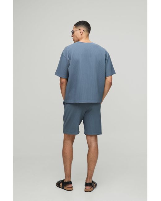 BoohooMAN Blue Oversized Boxy Pleated T-Shirt And Relaxed Fit Mid-Length Short Set for men