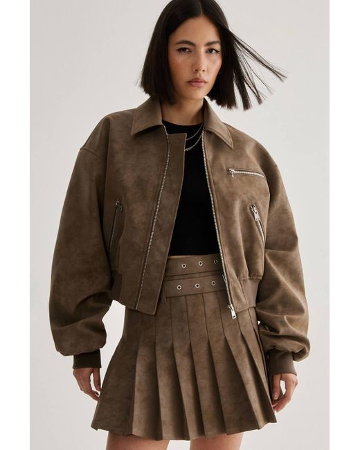 Nasty Gal Brown Distressed Faux Leather Bomber Jacket