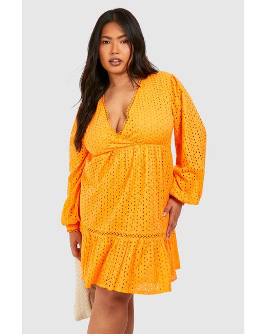 Boohoo Orange Plus Woven Broderie V Neck Long Sleeve Smock Dress
