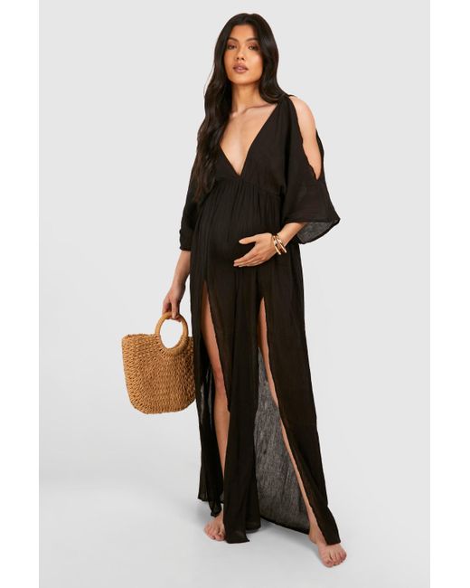 Boohoo Black Maternity Crinkle Cold Shoulder Beach Cover Up