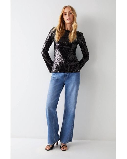 Warehouse Black Slash Neck Sequin Top