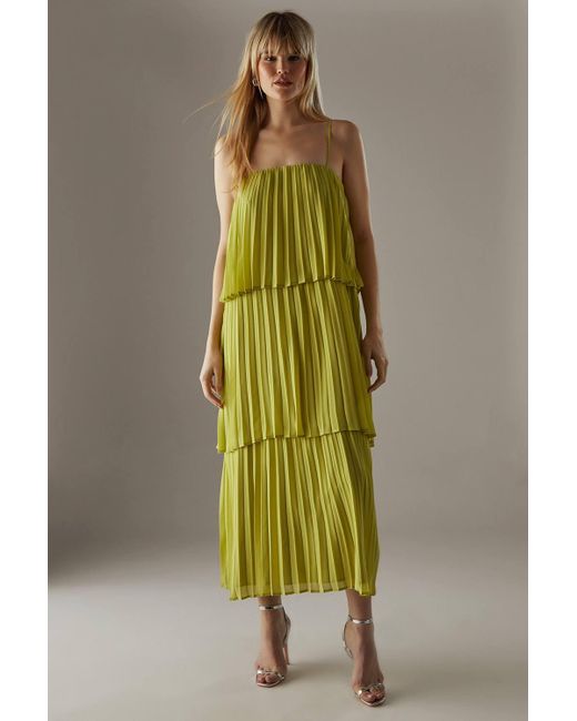 Warehouse Green Chiffon Pleated Tier Strappy Midi Dress